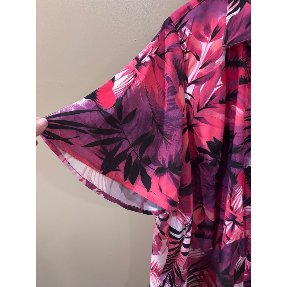 Catherines Womens 2X Tropical Palm Leaf Button Front Blouse Pink Purple Black - Picture 5 of 5